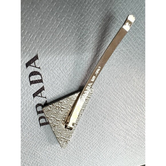 Prada Triangle Silver Black Metal Brooch / 3-Inch Hair Clip – Authentic - Picture 3 of 7